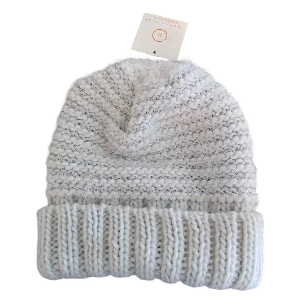 Four Buttons Womens Ivory Knit Crochet Winter Beanie Hat NEW